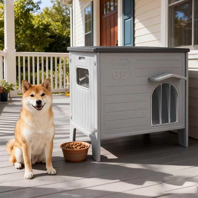 Rockever Dog House Outdoor Indoor for Small Medium Dogs, Plastic Elevated Outdoor Dog House Waterproof Dog Kennel with Window, Easy Clean and Assemble(M)