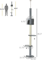 PawHut 85.5" Cat Tree Height Adjustable Floor-to-Ceiling 4-Tier Kitty Climbing Activity Center Condo Cat Toy with Scratching Post Hanging Balls Play Rest Post Pet Furniture Grey