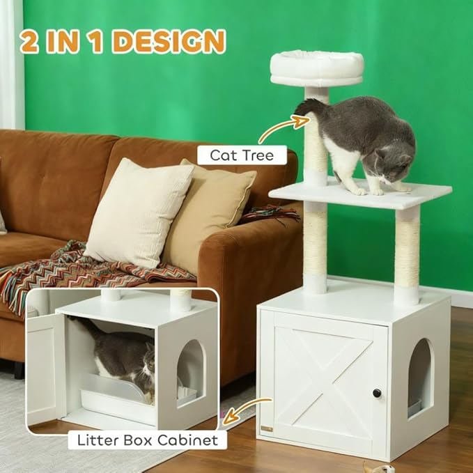 Stylish Cat Tree Tower with Sisal Scratching Posts, Cozy Condo, and Plush Perches for Climbing, Resting, and Play (White + MDF + Polyester)