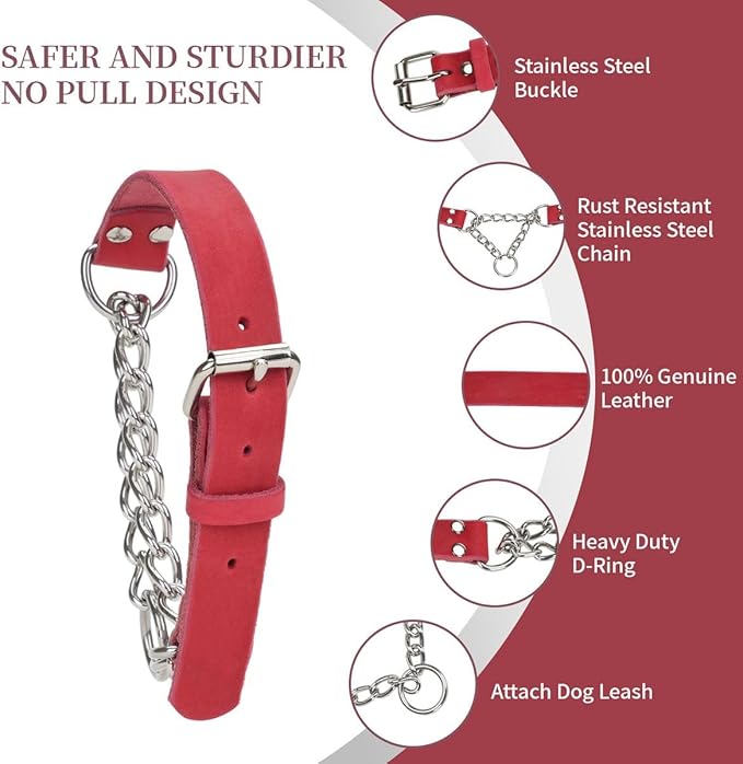 Martingale Collar for Dogs No-Pull Adjustable Training Collar with Stainless Steel Chain - Genuine Leather Anti-Slip Design for Small,Medium,Large Breed Dogs - Red (M)