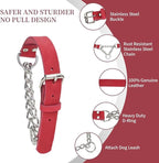 Martingale Collar for Dogs No-Pull Adjustable Training Collar with Stainless Steel Chain - Genuine Leather Anti-Slip Design for Small,Medium,Large Breed Dogs - Red (L)