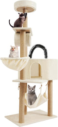 Multi-Level Cat Tower Cat Tree with Scratching Posts, Hammock, Condo, Jumping Platforms, 16.53 Lbs Load Capacity, 63" Tall Wooden Cat Condo Perch for Indoor Large/Small Cats (Beige)