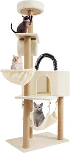 Multi-Level Cat Tower Cat Tree with Scratching Posts, Hammock, Condo, Jumping Platforms, 16.53 Lbs Load Capacity, 63" Tall Wooden Cat Condo Perch for Indoor Large/Small Cats (Beige)