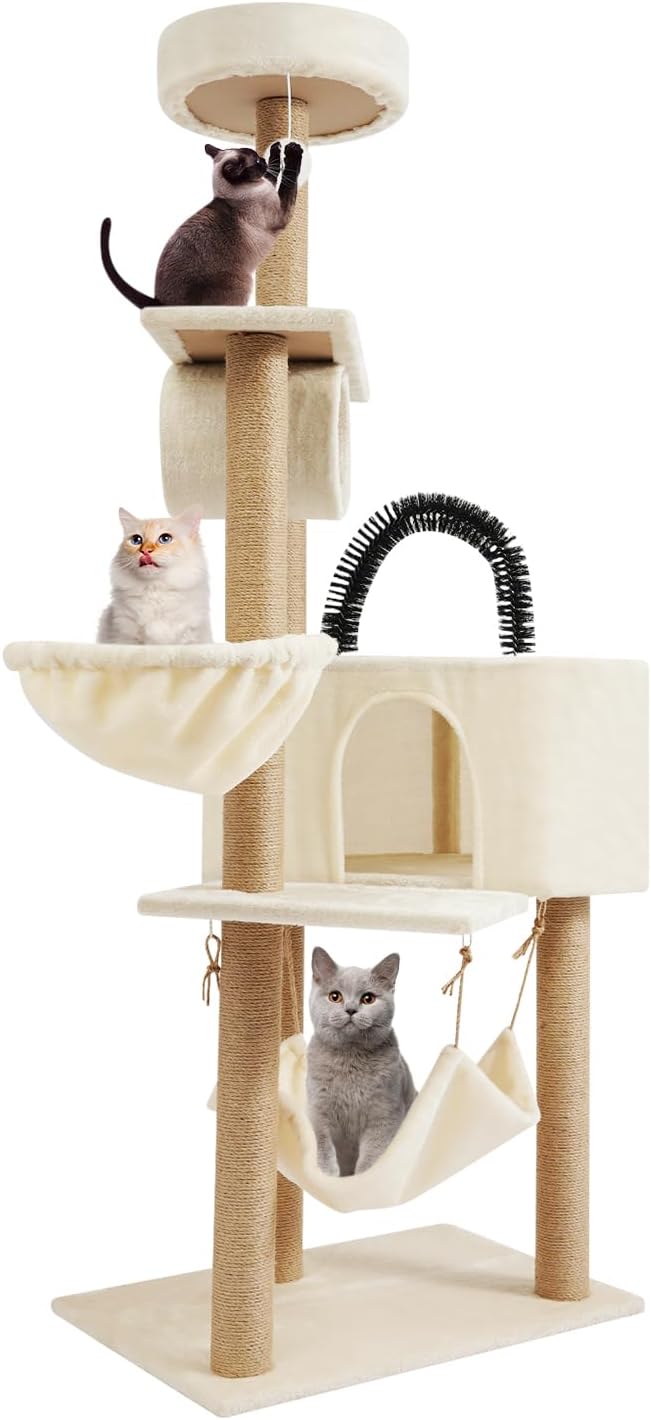 Multi-Level Cat Tower Cat Tree with Scratching Posts, Hammock, Condo, Jumping Platforms, 16.53 Lbs Load Capacity, 63" Tall Wooden Cat Condo Perch for Indoor Large/Small Cats (Beige)