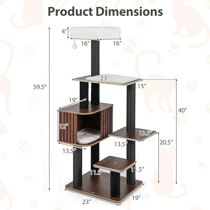 PETSITE 59.5 Inches Modern Cat Tree, Multi-Level Cat Tower with Scratching Posts, Large Condo with Removable Pad, Cushioned Soft Top Perch, and Interactive Dangling Ball (Brown)