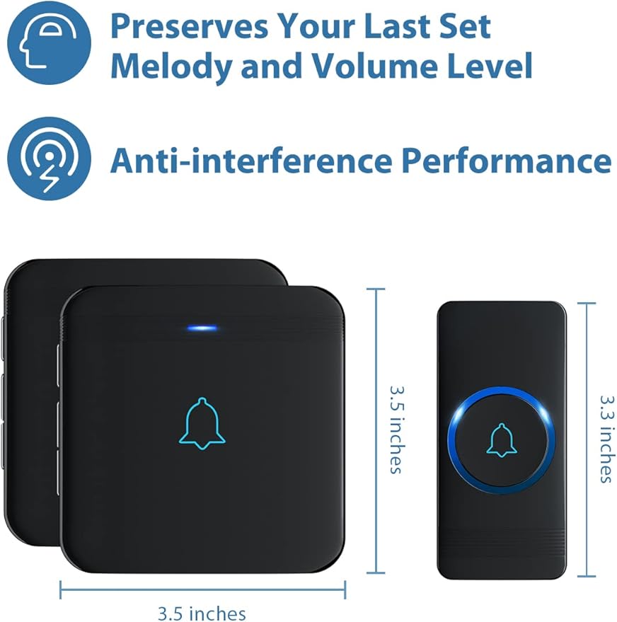 AVANTEK Wireless Doorbell, Waterproof Door Bell Chime Operating at over 1300 Feet, Classroom Doorbell with 52 Melodies, CD Quality Sound and LED Flash, 1 Button + 2 Plug-in Receivers, D-3B