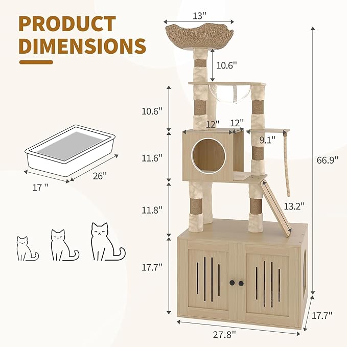 Tall Cat Tree with Litter Box Enclosure, 66.9-Inch Cats Condo, Multi-Level Perch & Scratching Posts for Cat