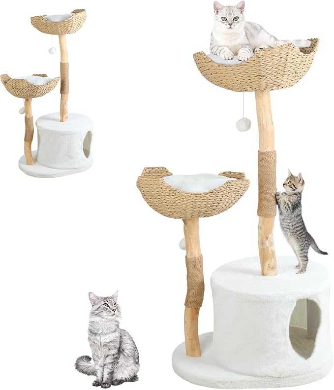 Modern Cat Tree, 46 Inch Aesthetic Luxury Wooden Cat Tower, Stable Wood Aesthetic Pet Furniture, Luxury Cats Condo with Scratching Post and Pet Bed, Great for Cats Lover Gifts White M