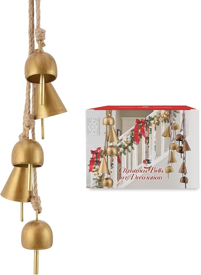 Gold Metal Vintage Bells with Jute Rope for Christmas Tree, Wreath, Party Decor - 3.5W x 21H