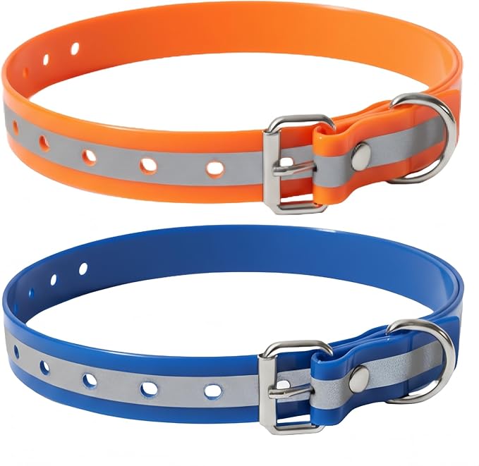 Dog Collar Strap for Most of Electronic Training Shock Collar Receivers-Adjustable Durable Waterproof Odorless 3/4 Inch Ecollar Replacement for Barking Fence-Pet TPU Collar Strap 2 Pack(Orange & Blue)