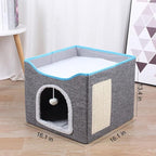 Cat Bed with Scratching Pad and Hanging Fluffy Ball Foldable Large Cat Cave House for Indoor Cats