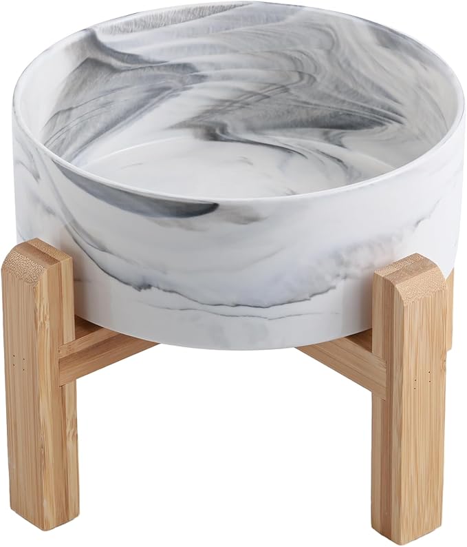 Elevated/Raised Dog Bowl Ceramic with Wood Stand for Medium Large Breed,Dog Food Water Dish Heavy Weighted, 8 in Non Slip Porcelain Pet Bowl Extra Big Marble Grey