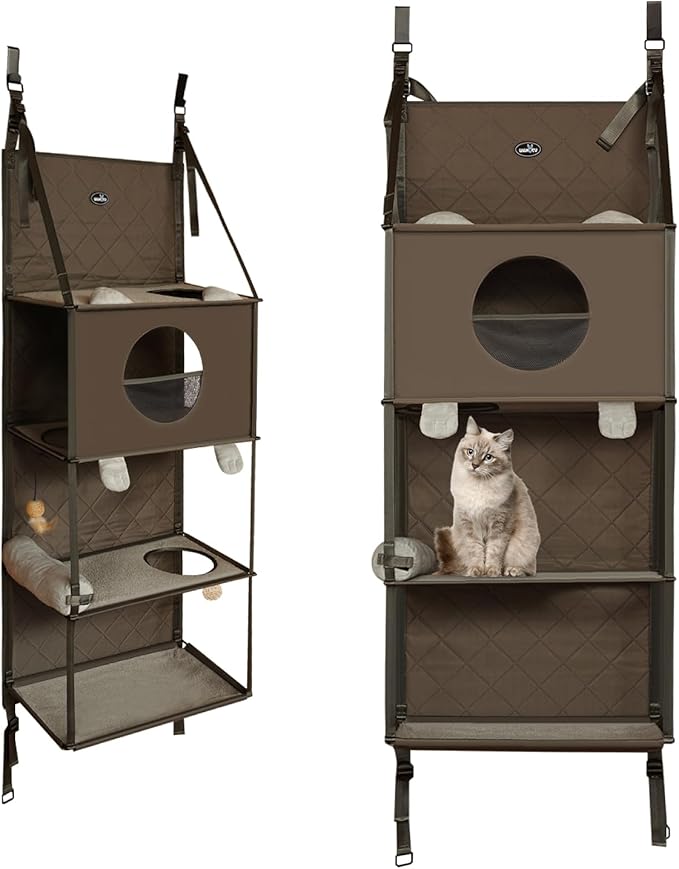 Hanging Cat Tree Condo 4 Level Door Mounted Climber Cat Wall Cats Hammock for Indoor, Hanging/Elevated Bed with Pillow and Ball Toy, Tool-Free Assembly