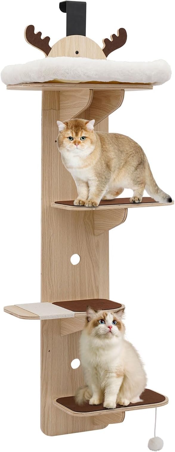 Door Hanging Cat Tree, 4-Tier Cat Climbing Frame W/Plush Ball,4.9ft Wooden Cat Ladde, 55lb Load Capacity & Sisal-Wrapped Scratching Board for Stair, Foyer, Living Room, Enclosed Balcony. (Frame+Nest)