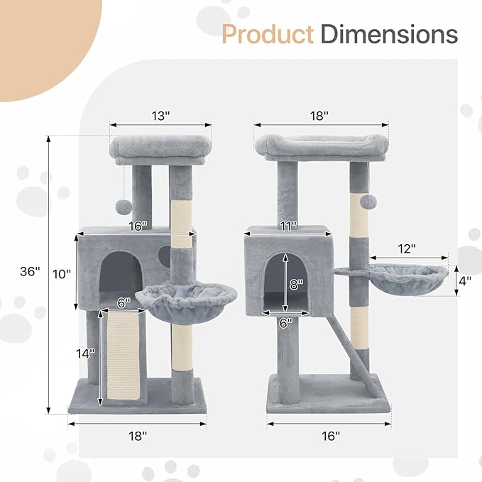 36 Inch Cat Tower for Indoor Cats, Multi Level Cat Condo with Scratching Post, Ramp, Plush Perch, Cat Cave, Basket, Cat Activity Center w/Ball for Small Space, Light Gray