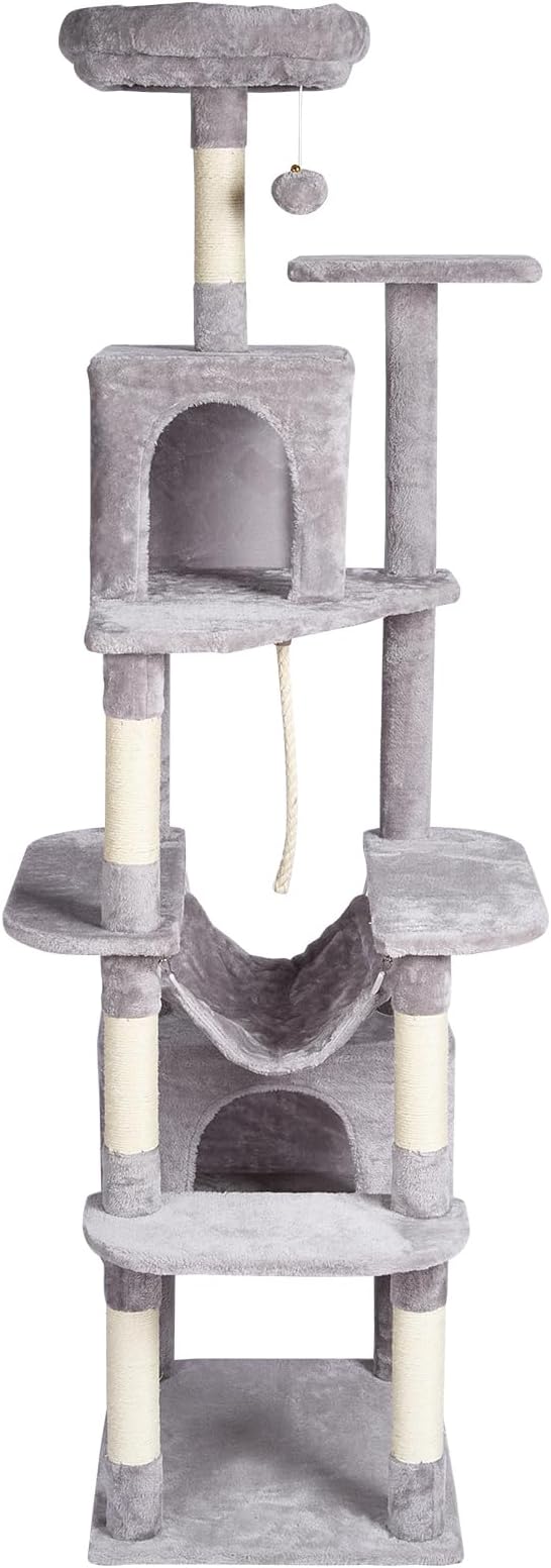 Happybuy Cat Tree for Indoor Cats, 72" Cat Tower with 2 Cat Condos, Sisal Scratching Post, Hammock, Top Perch, Jumping Platforms, Large Cat Furniture Activity Center with Hang Ball, Light Grey