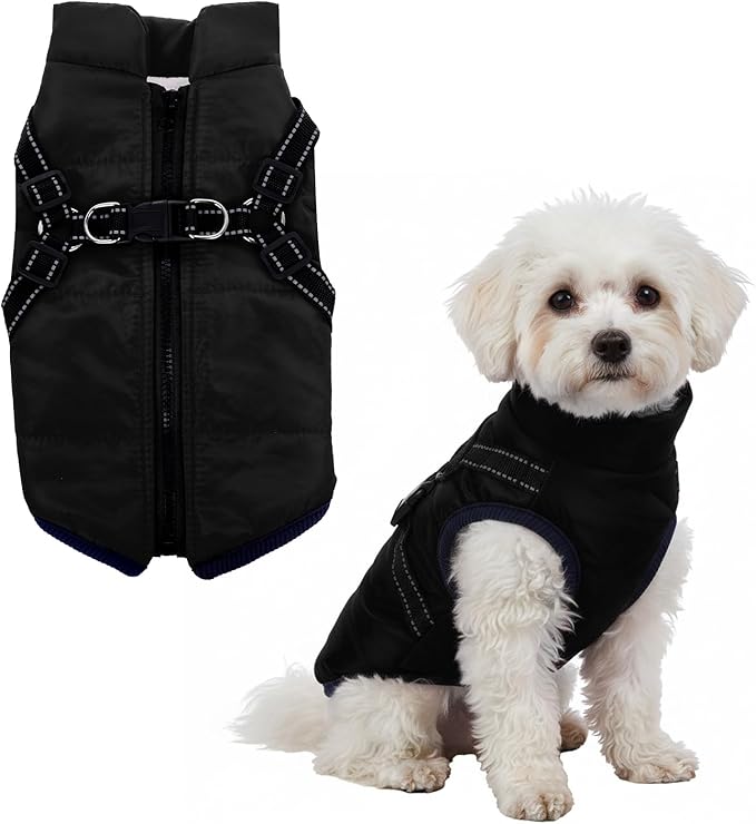 Dog Winter Coat with Harness Winter Jacket for Small Dogs Cold Weather Coats Warm Pet Vest Waterproof Snowsuit (Black, Medium)