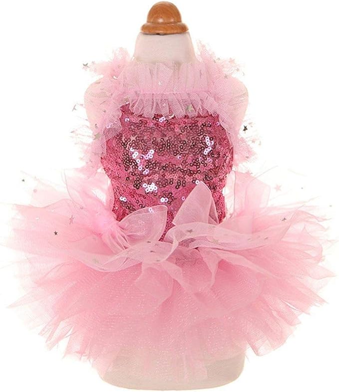 Fashion Sweet Puppy Dog Blingbling Princess Skirt Pet Dog Lace Cake Camisole Tutu Dress Pink XX-Small