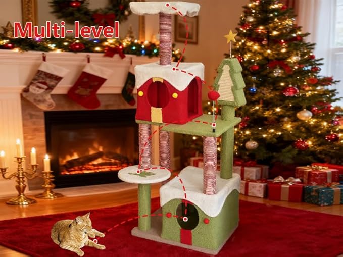 Christmas Cat Tree Tower for Indoor Cats, Holiday Themed Cat Furniture with Cozy Hideaways & Sisal Scratching Posts, Multi-Level Playground for Climbing and Napping (54''-AA)