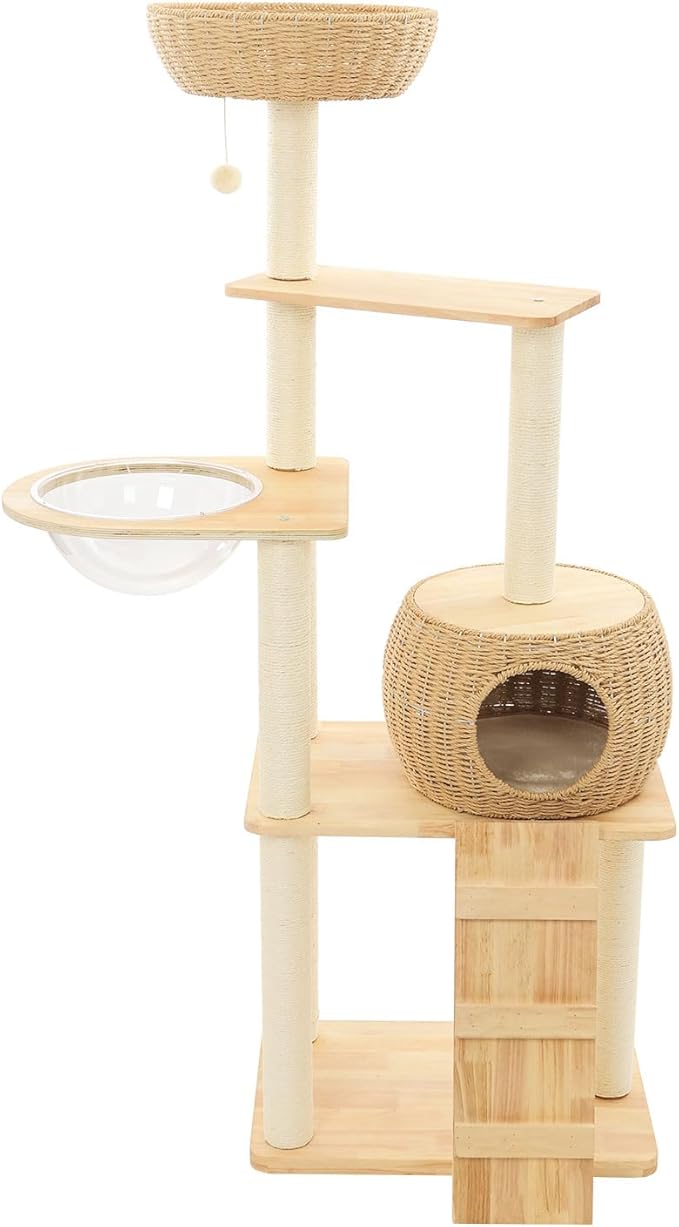59" Big Modern Cat Tree, Multi-Level Cat Climbing Frame for Indoor Cats Tall Cats Tree with Cat Nest and Space Capsule Cat Tower with Sisal Scratching Posts Solid Oak Cat Condo