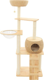 59" Big Modern Cat Tree, Multi-Level Cat Climbing Frame for Indoor Cats Tall Cats Tree with Cat Nest and Space Capsule Cat Tower with Sisal Scratching Posts Solid Oak Cat Condo