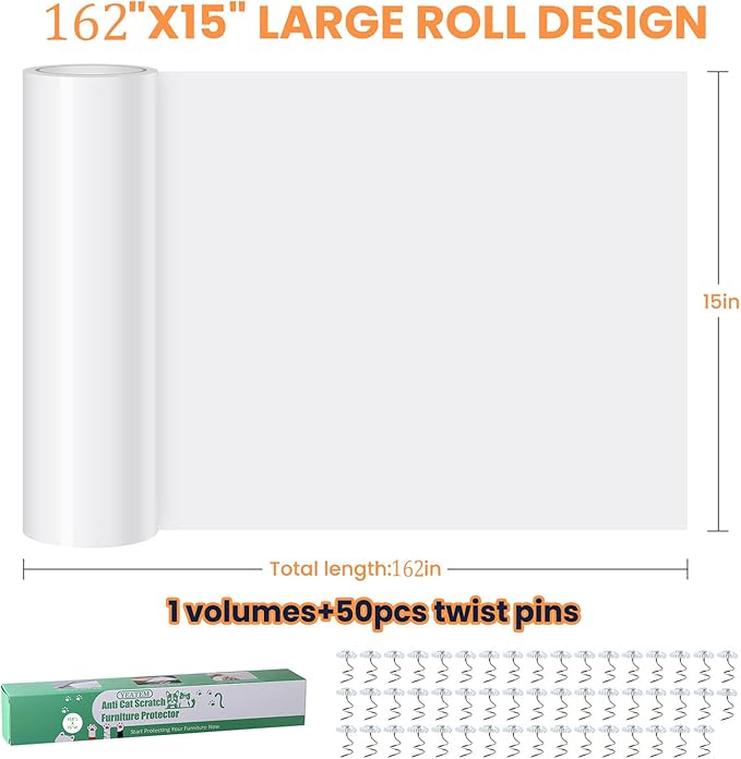[Thicken Vinyl] Cat Scratch Furniture Protector, 162"x15" Couch Protector from Cat Claws, Single-Sided Sticky Anti Scratch Furniture Protector,Extended Size Protects More Furniture+50 Fixing