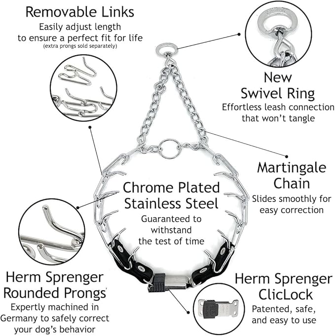 Herm Sprenger 2.25mm Prong Collar for Dog Training with Adjustable Length & Easy Quick Release Cliclock & Swivel Ring for Small/Medium Dogs (13-19" Neck)