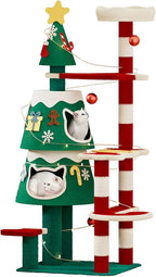 Christmas Cat Tree, Cat Tower for Indoor Cats with 2 Cat Condos, Thickened Cat Scratching Post，Cute Cat Furniture with DIY Christmas-Themed Stickers and LED String Lights