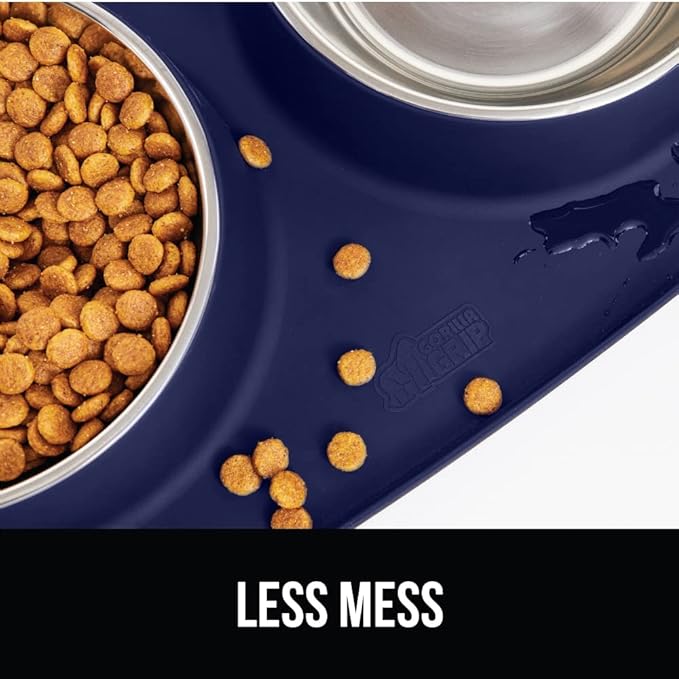 GORILLA GRIP Feeding Mat Bowl Set, 4 Cup 100% Waterproof BPA Free Silicone, 304 Stainless Steel Cat and Dog Bowls for Food and Water, Slip Resistant, High Edge, US Designed, Patent Pending, Navy Blue
