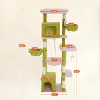 69.7-inch (177cm) Multi-Level Cat Tree with 2 Perches, 2 Condos, 2 Hammocks, Basket & Toy for Indoor Cat Activities (Green + Pink)