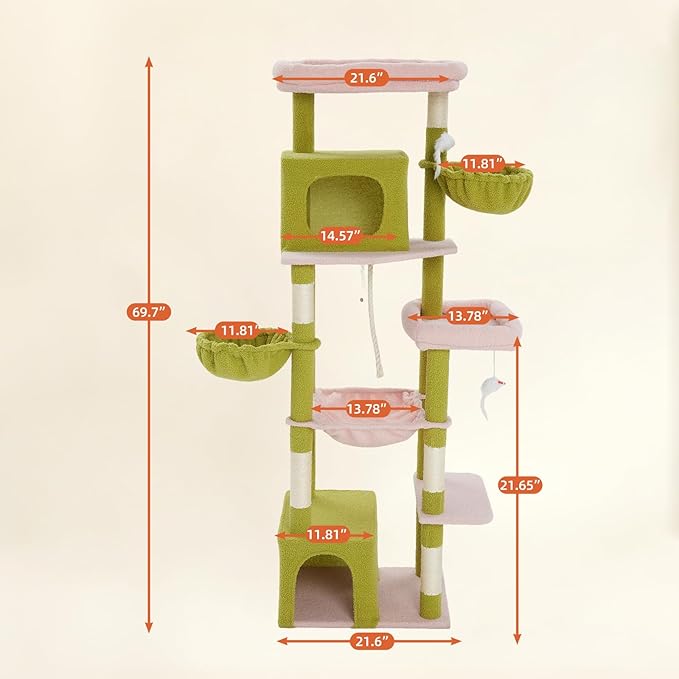 69.7-inch (177cm) Multi-Level Cat Tree with 2 Perches, 2 Condos, 2 Hammocks, Basket & Toy for Indoor Cat Activities (Green + Pink)