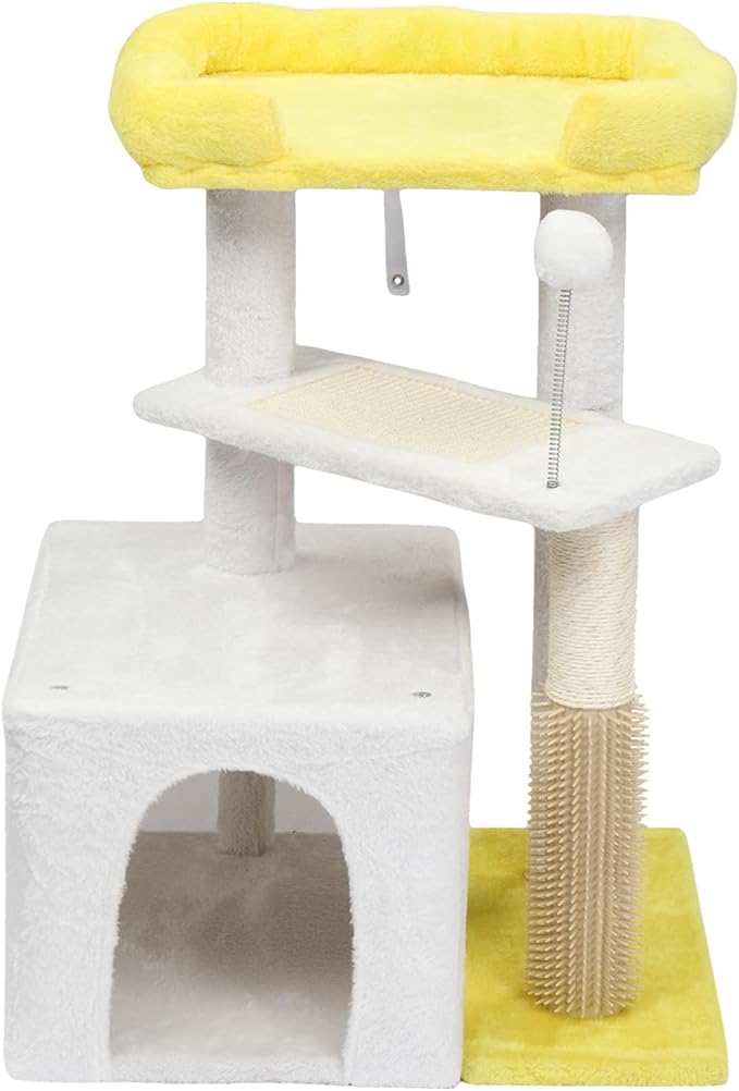 Cat Tree for Indoor Cats, 27'' Small Cat Tower Cat Condo with Sisal Scratching Ramp, Cozy Hammock and Removable Flower Bed Perch for Kittens (Off White)