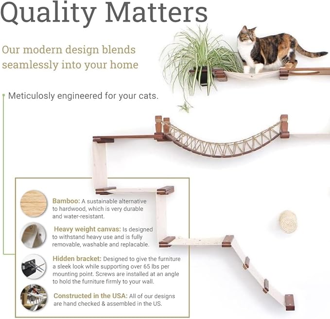 Catastrophic Creations Cat Tree with Hammock Perch – Mounting Wall Cat Shelves w/Canvas Fabric – Bamboo Wood Cat Tree Floating Steps – Lounger & Climber Cat Trees – Modern Cat Furniture