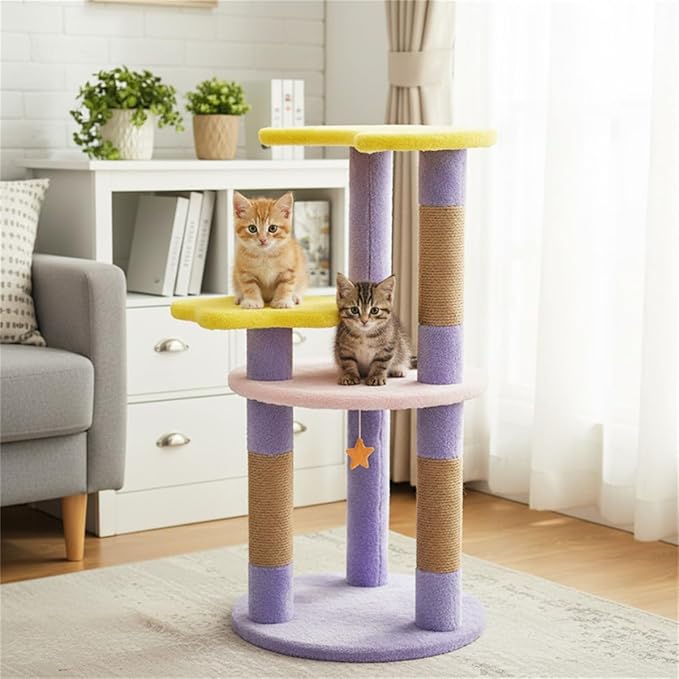 Moon & Star Themed Cat Tree Tower, 29" Tall, Cute Cat Tree for Indoor Cats, 4-Tier Cat Tree Tower for Indoor Cats with Jute Scratching Posts (Purple)