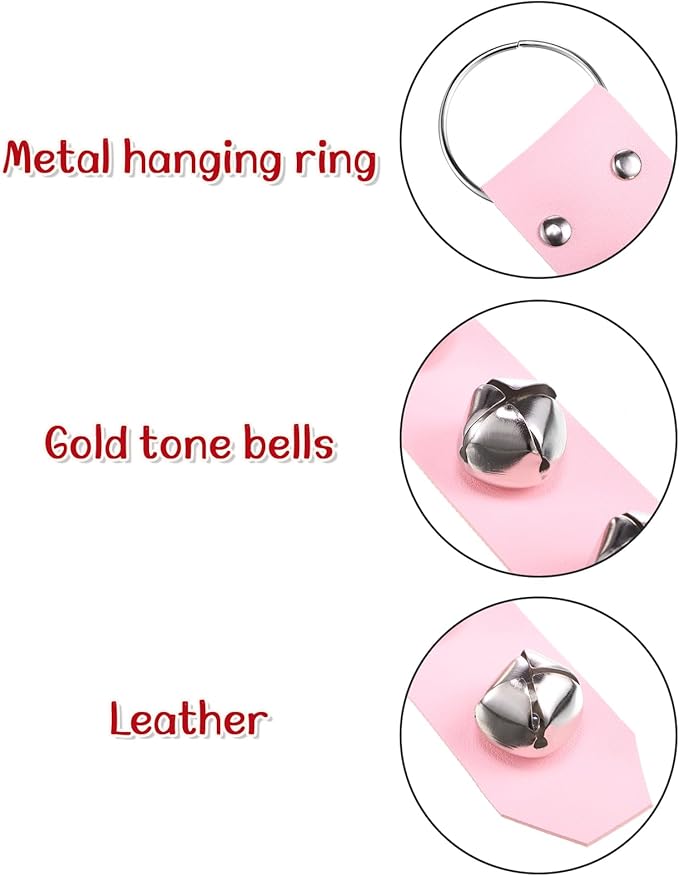 Frienda Hanging Jingle Sleigh Bells 7-Bell Dog Doorbells for Door Knob Faux Leather Belts Go Outside Dog Bells Christmas Decor and Holiday Decorations, 18.7 x 1.8 x 1 Inches(Pink with Silver)