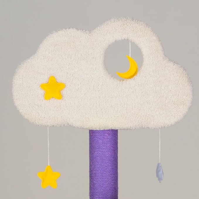 Happy and Polly 52.8 inch Moonlight Cat Tree with Celestial Moon and Star Pendants, Purple Plush Cat Tower with Hammock and Multi Level Perches