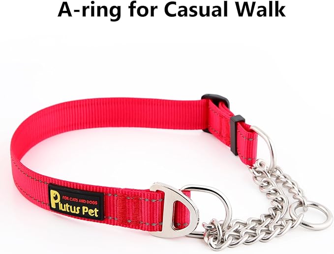 Plutus Pet Martingale Dog Collar with Stainless Steel Chain and Reflective Nylon, Adjustable No Pull Training Collar, for Small Medium, and Large Dogs, Red, M