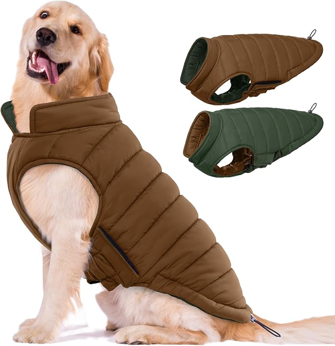 Lelepet Reversible Dog Coat Waterproof Dog Jacket Windproof Puffer Vest for Winter Warm Lightweight Coats for Large Dogs Adjustbale Hook & Loop Pet Apparel with Leash Hole, Golden Retriever, 3XL