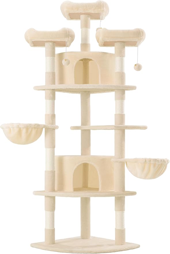WEEWAY 73in Multi-Level Cat Tree with a Fan-Shaped Base, 2 Cozy Condos, 2 Hanging Baskets, Unique Perch, Sisal Scratching Posts, Hanging Balls, Ideal for Multiple Indoor Kitties, Beige