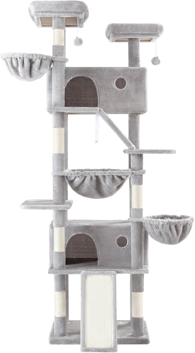 WEEWAY Cat Tree Tower for Indoor Cats,81'' Multi-Level Cat Furniture Activity Center,Stand House Condo Cave,Sisal Scratching Posts Ramps,Plush Perches Platforms Basket Hammock,Grey
