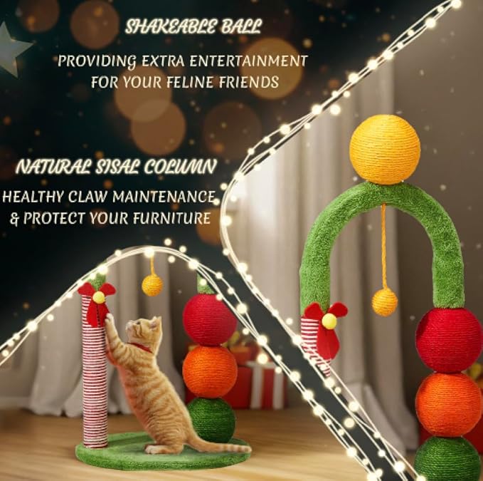 VINGLI 29IN Christmas Cat Tree Tower with Sisal Scratcher Balls, Holiday Cat Scratching Post with Candy Cane Pole & Dangling Ball Toy, Cute Indoor Cat Tree for Kittens & Adult Cats