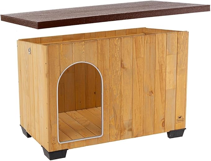 Ferplast Dog Kennel House BAITA 100 in FSC Wood, Insulating Plastic Feet, Aluminium Chew-Proof Door, Opening Roof