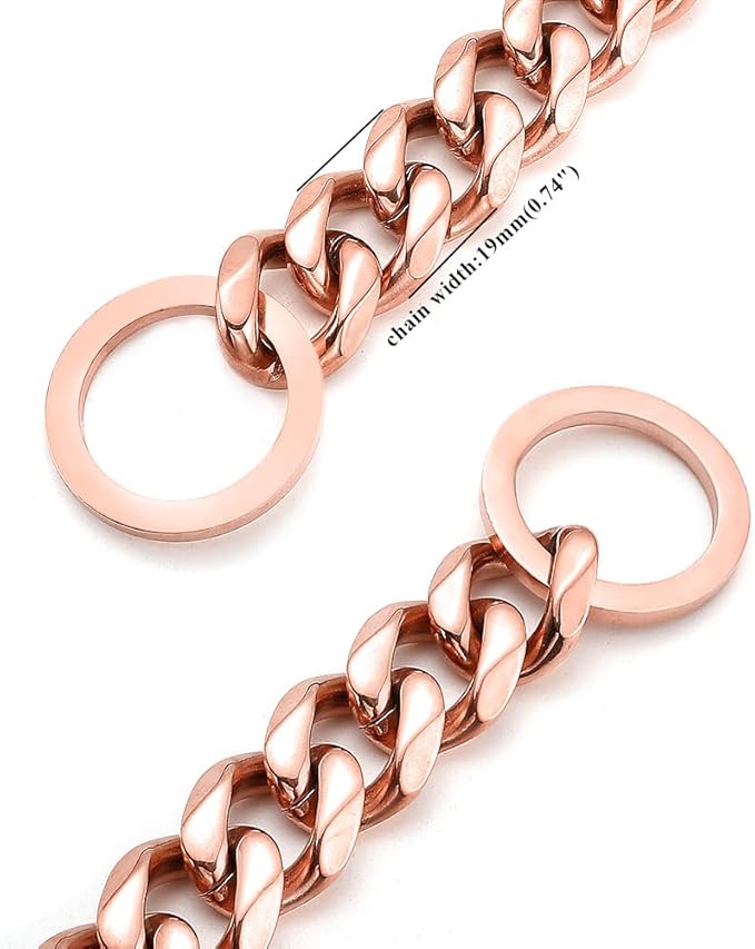 Rose Gold Dog Chain Collar 11mm/15mm/19mm Stainless Steel Cuban Link Chain Collar for Small Medium Large Dogs(19mm,26inch)