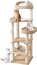 Wooden Cat Tree for Indoor Cats, 62-Inch Tall Cat Tower with Scratching Post for Large Cats, Solid Wood Cat Condo with Handwoven Basket, Modern Cat Tree Tower with Hammock, Easy to Clean