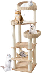 Wooden Cat Tree for Indoor Cats, 62-Inch Tall Cat Tower with Scratching Post for Large Cats, Solid Wood Cat Condo with Handwoven Basket, Modern Cat Tree Tower with Hammock, Easy to Clean