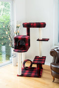50-Inch Classic Real Wood Cat Tree with Veranda Bench MIni Perch and Spacious Lounger in Scotch Plaid