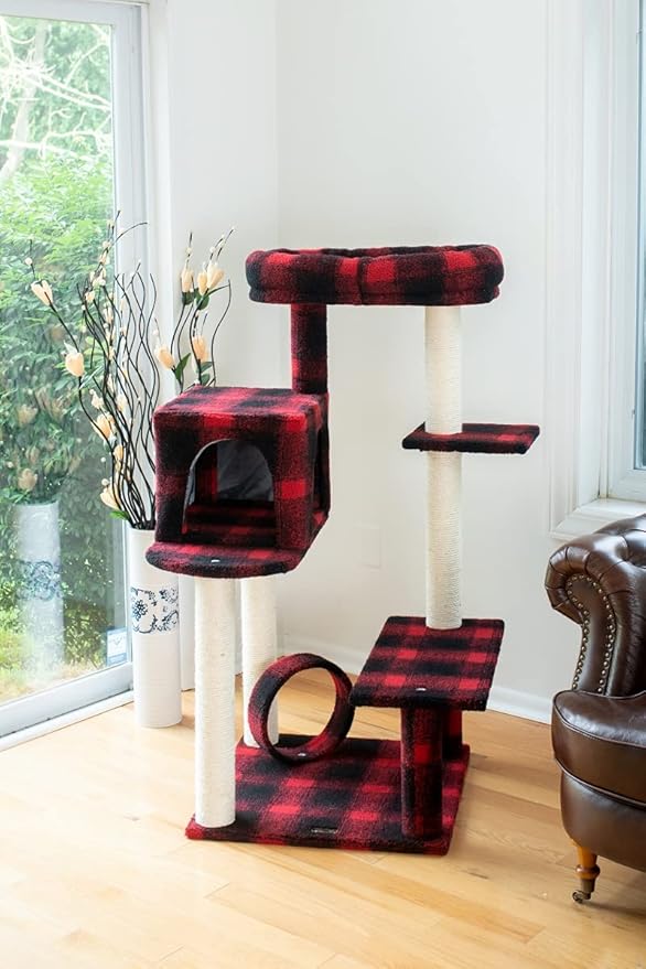50-Inch Classic Real Wood Cat Tree with Veranda Bench MIni Perch and Spacious Lounger in Scotch Plaid