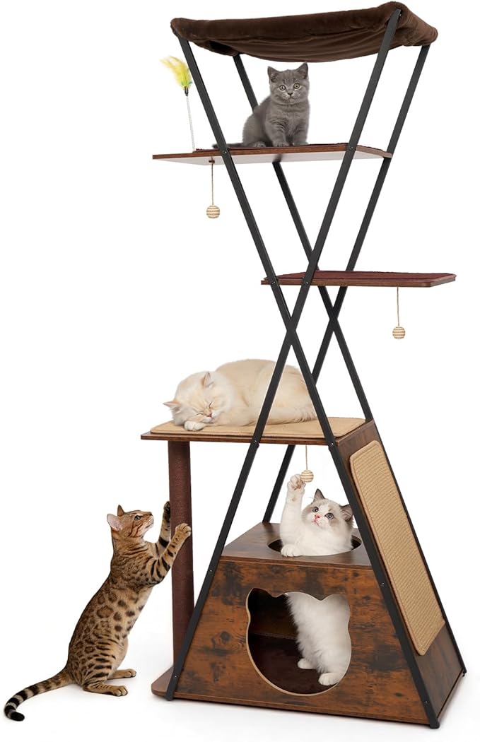 71" Modern Wood Cat Tree for Large Cats - Heavy Duty Tall Cat Tower for Indoor Cats, Multi-Level Cat Furniture with Spacious Condo, Large Perch, Scratching Posts & Hammock (Burnt Wood)
