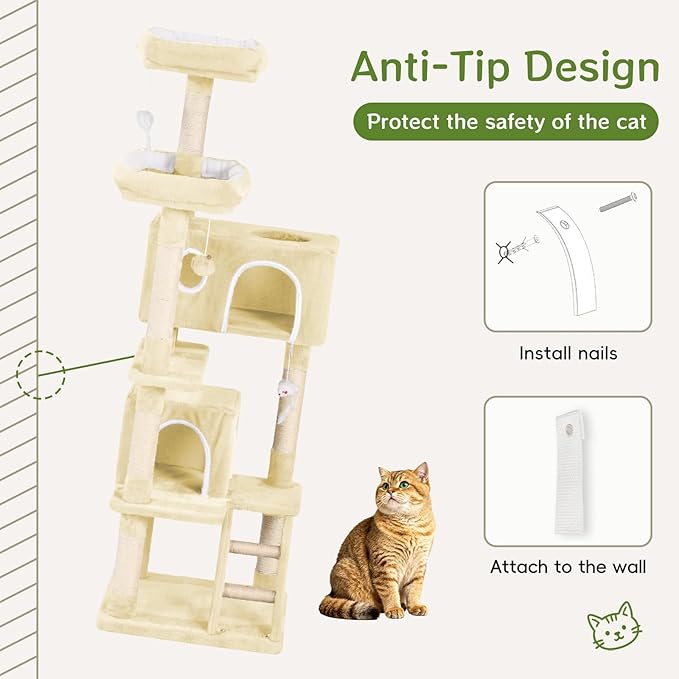 Cat Tree Tower 53 inch - Multi-Level Indoor Activity Center with Sisal Scratching Posts, Condo, Plush Perch & Hanging Toys for Large Cats (Beige)