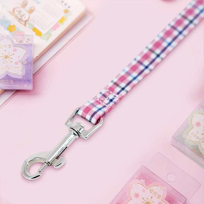 Tunkoo Dog Leash Plaid with Soft Comfy Cotton Handle，Girl Pet for Small Medium Large Dogs Cats Daily Walking（Pink Grid，L）